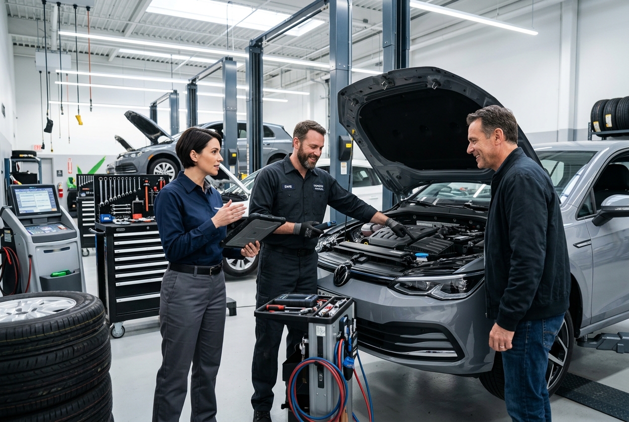 Asesor de servicio y técnico automotriz recibiendo vehículo en taller mecánico