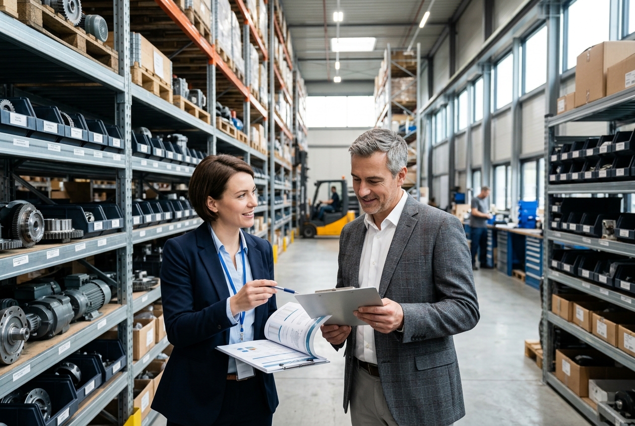 Especialistas revisando pedidos técnicos en centro de distribución y suministros B2B